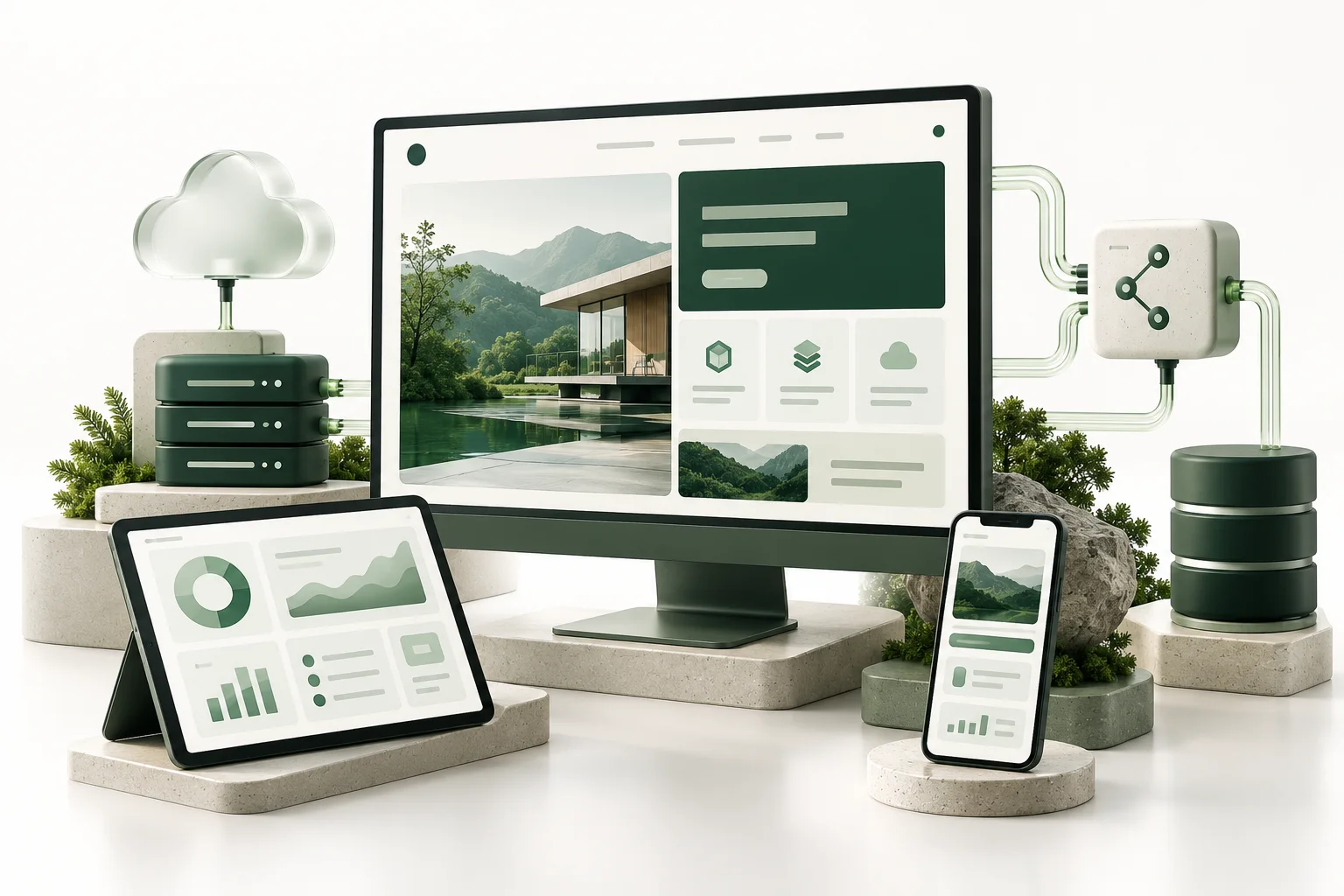 Minh họa 3D không gian làm việc số với website, phần mềm và các hệ thống kết nối.